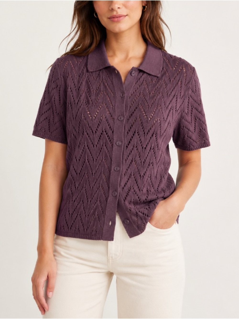 BDG Pointelle Button-Down Polo in Plum